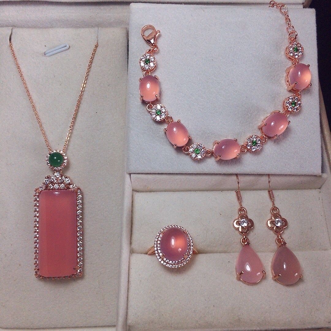  BỘ TRANG SỨC BẠC 925 NẠM CHALCEDONY HỒNG 