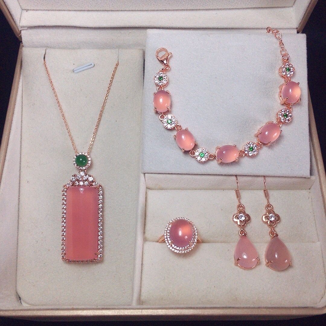  BỘ TRANG SỨC BẠC 925 NẠM CHALCEDONY HỒNG 