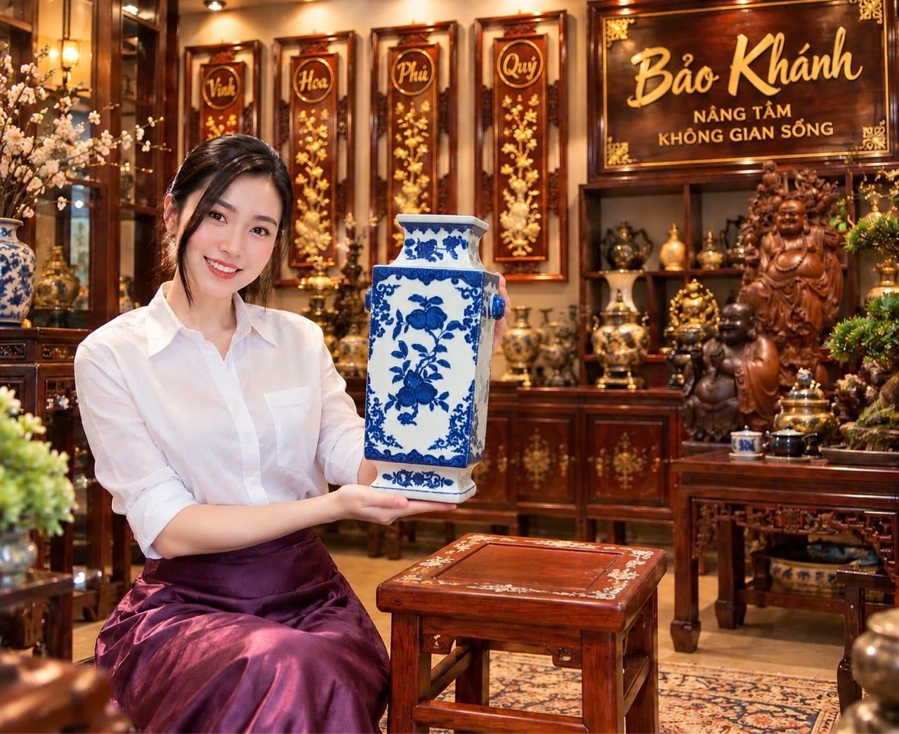  E vừa sưu tầm được một chiếc bình gốm men lam 