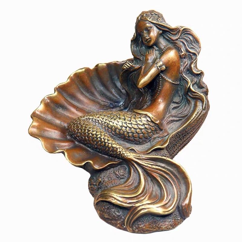  Tượng Nàng Tiên Cá Nằm Trong Vỏ Sò Bằng Đồng Hun Giả Cổ BKMECN-10391 