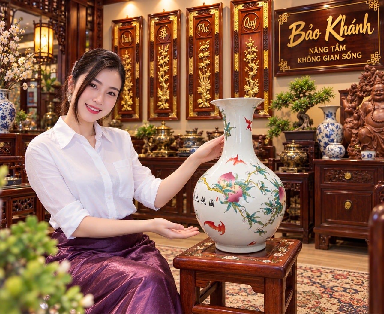  Combo Đôn gỗ khảm và bình quả đào 