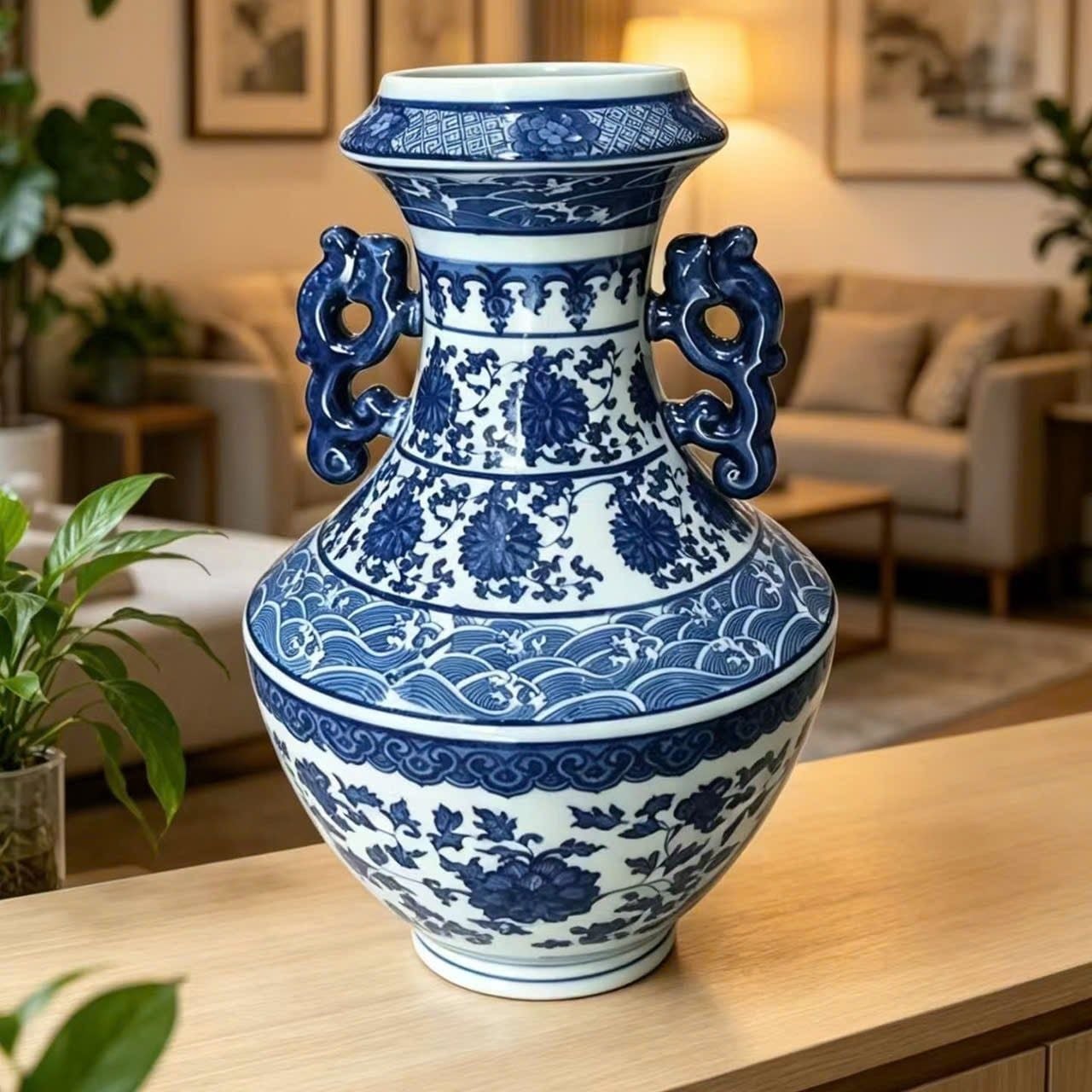  Bình hoa gốm sứ Thanh Hoa vẽ tay hai t-ai họa tiết dây sen 