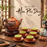  Ấm chén bát tràng gốm tử sa màu nâu vàng lòng xanh Đắp nổi hoa 