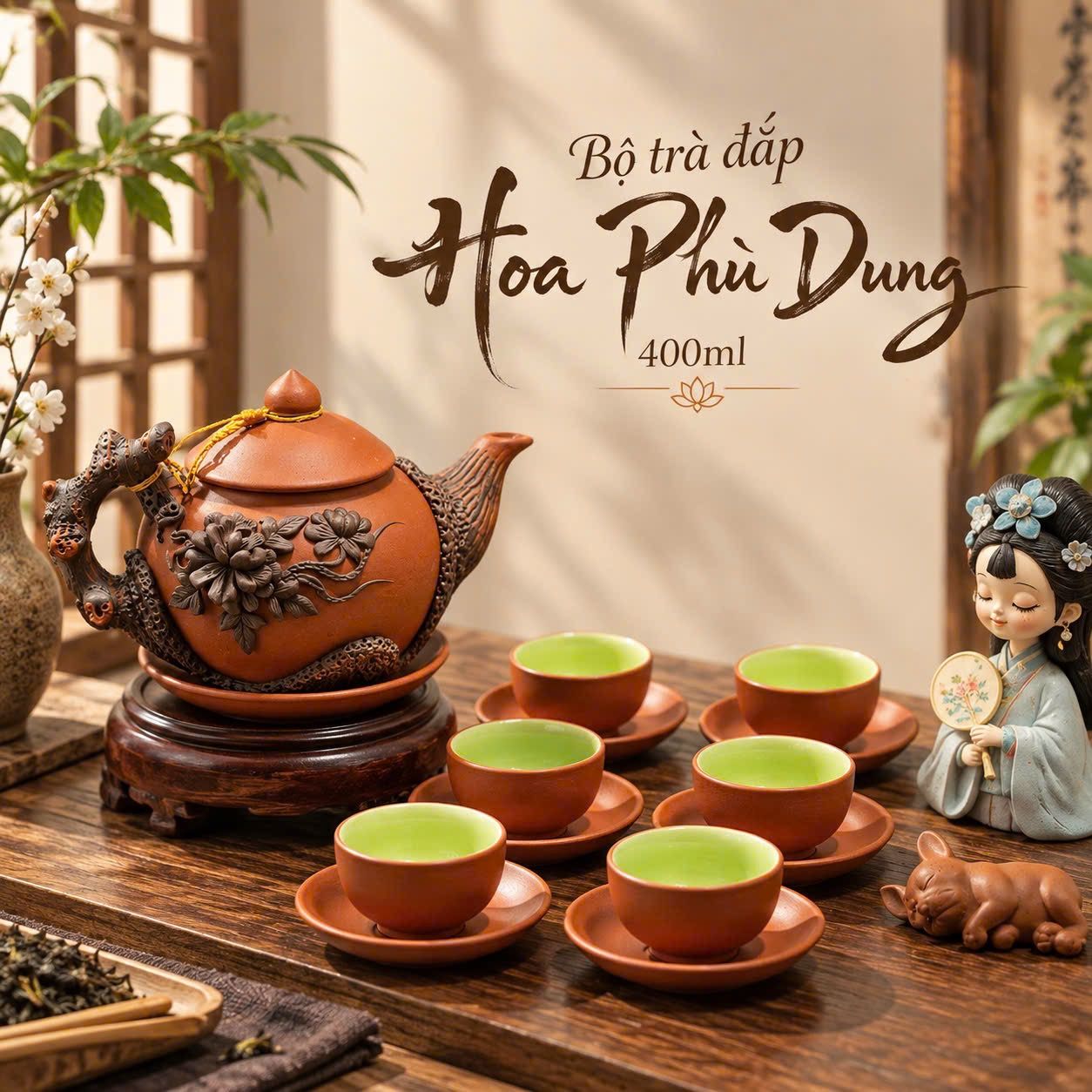  Ấm chén bát tràng gốm tử sa màu nâu vàng lòng xanh Đắp nổi hoa 