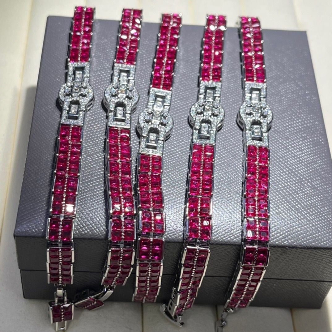  Lắc tay ruby Nam Phi đính kim cương bạc 925 