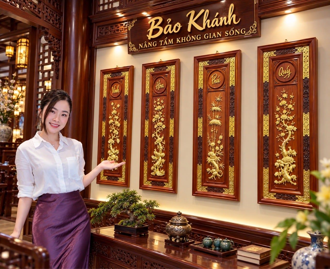  Tranh gỗ trang trí tứ cảnh  gỗ hương 