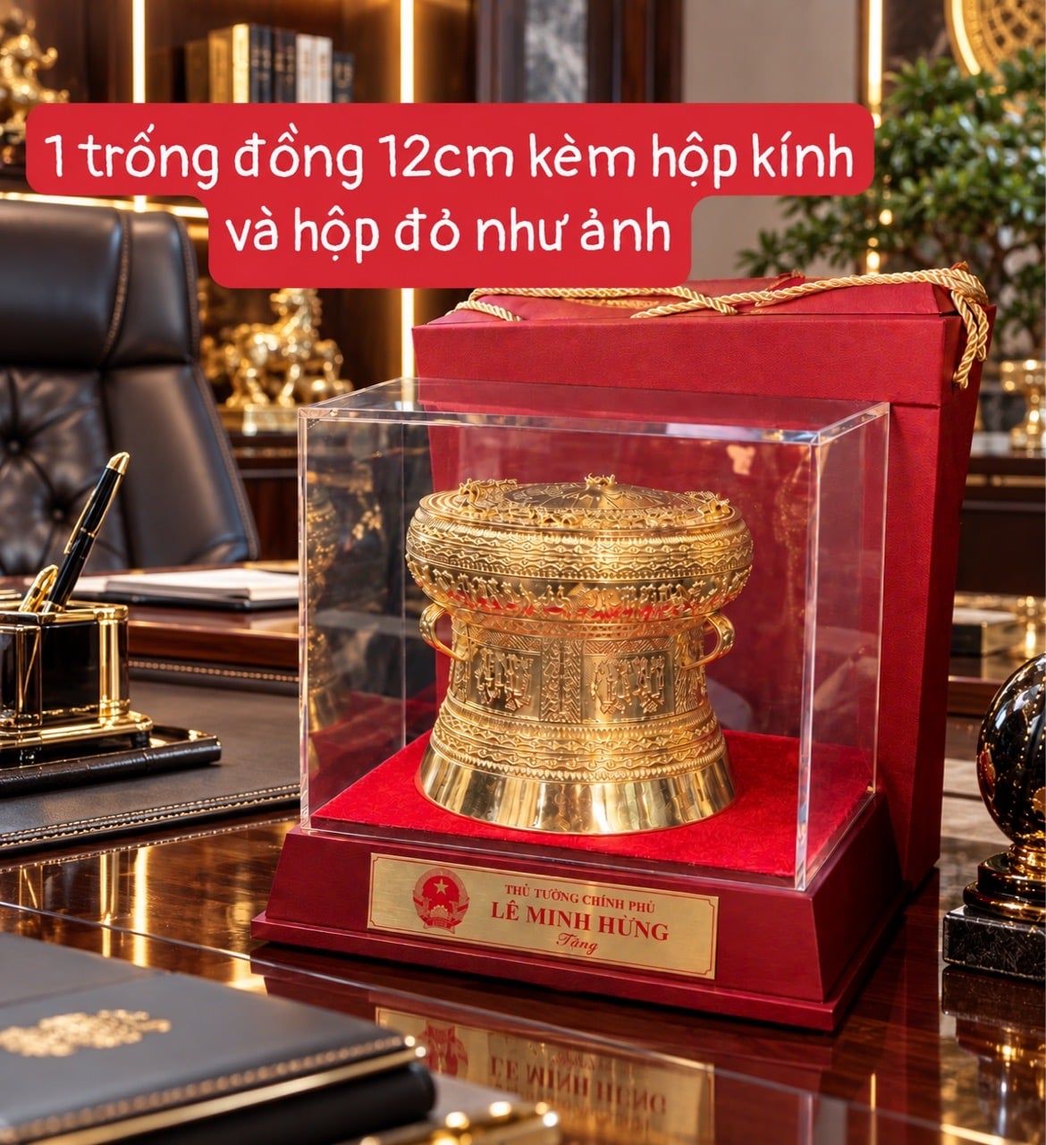  Trống đồng dát vàng in Thủ Tướng Lê Minh Hưng tặng 