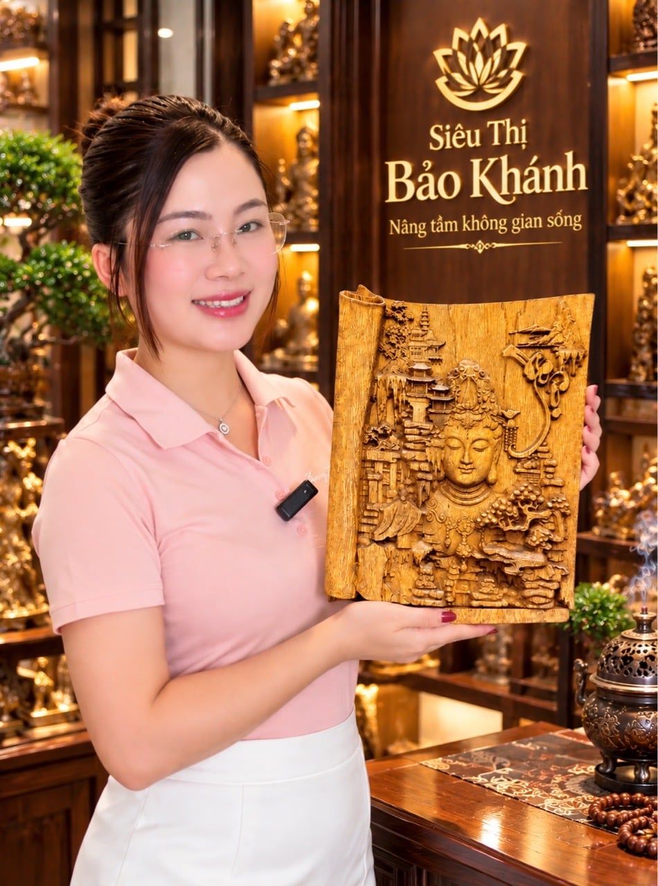  Tranh trầm hương Nhất Tâm Bái Phật đục tỉ mỉ hương trầm ngọt thơm  Kt 24* 18 