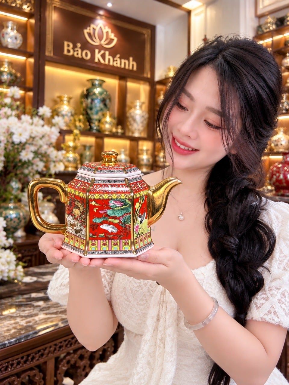  Ấm trà gốm sứ cung đình tứ cảnh màu đỏ 