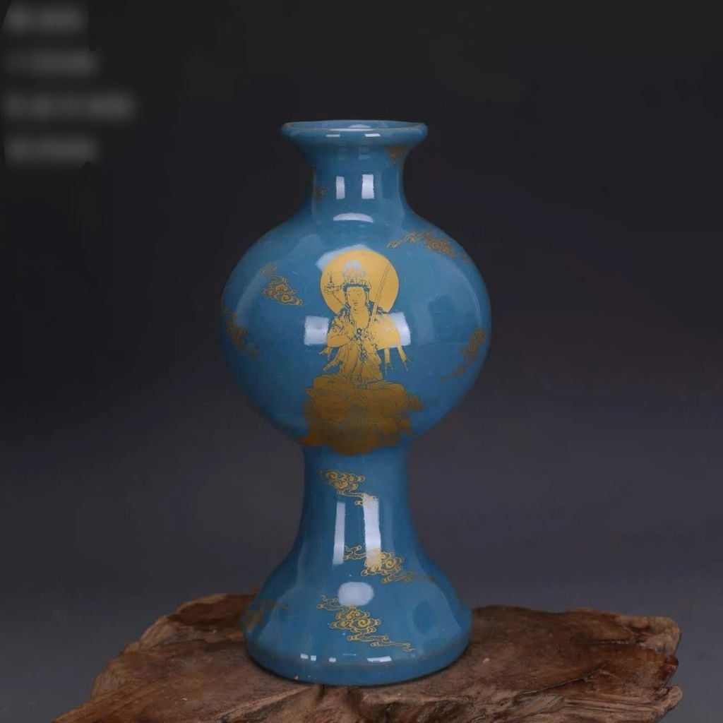  Bình Gốm Xanh Vẽ Vàng Văn Thù Bồ Tát Cổ BKCECN-10092 