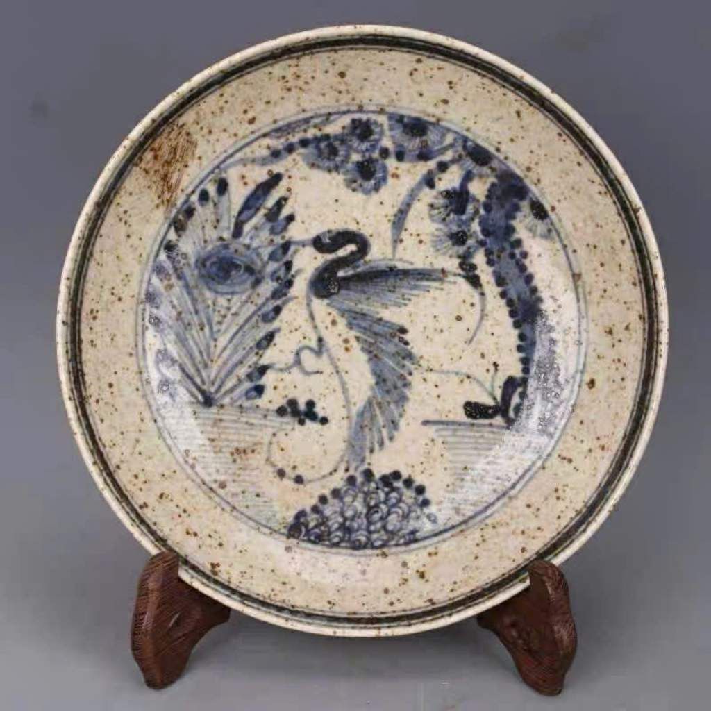  Đĩa Gốm Cổ Men Rạn Vẽ Tay Chim Công May Mắn BKCECN-10094 