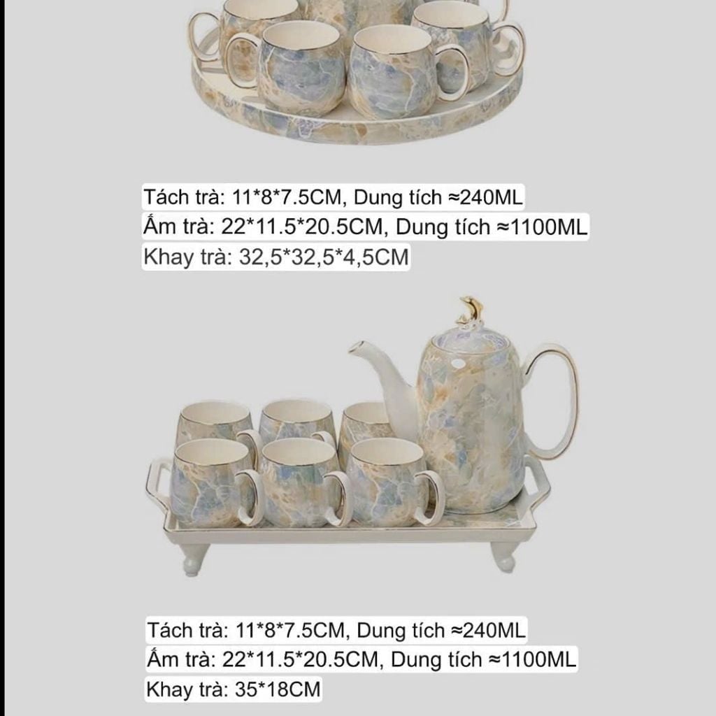  Bộ Ấm Chén Sứ Vân Đá Cẩm Thạch Dáng Cao BKCECN-10162 