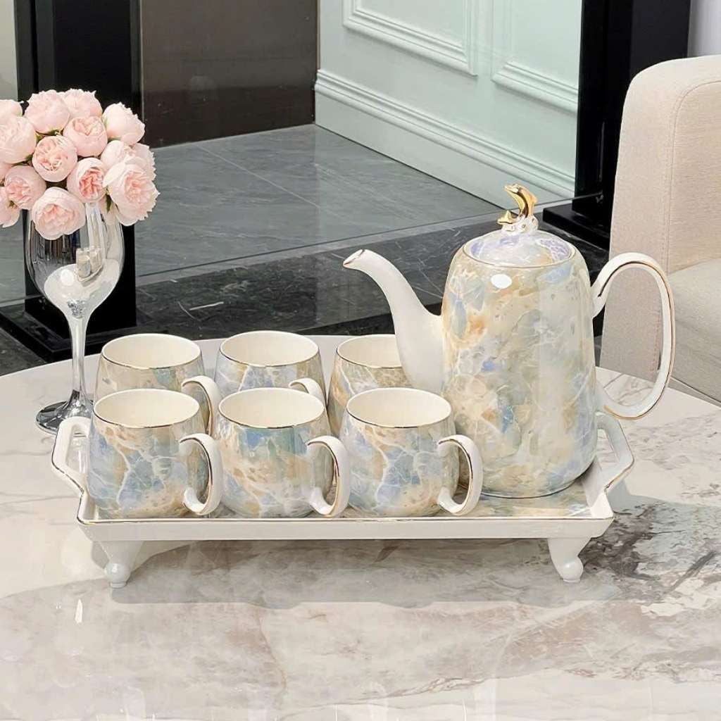  Bộ Ấm Chén Sứ Vân Đá Cẩm Thạch Dáng Cao BKCECN-10162 