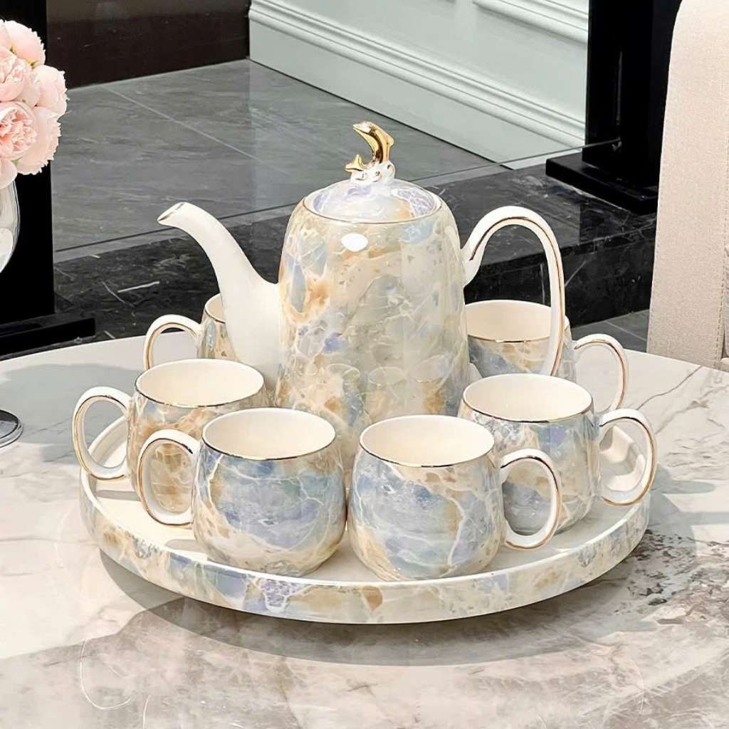  Bộ Ấm Chén Sứ Vân Đá Cẩm Thạch Dáng Cao BKCECN-10162 