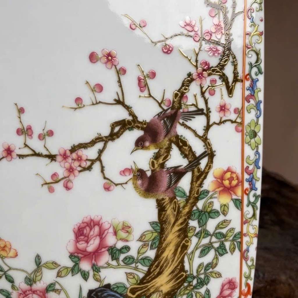  Bình Gốm Tứ Giác Vẽ Hoa Chim Xuân Đào Cao Cấp BKCECN-10227 