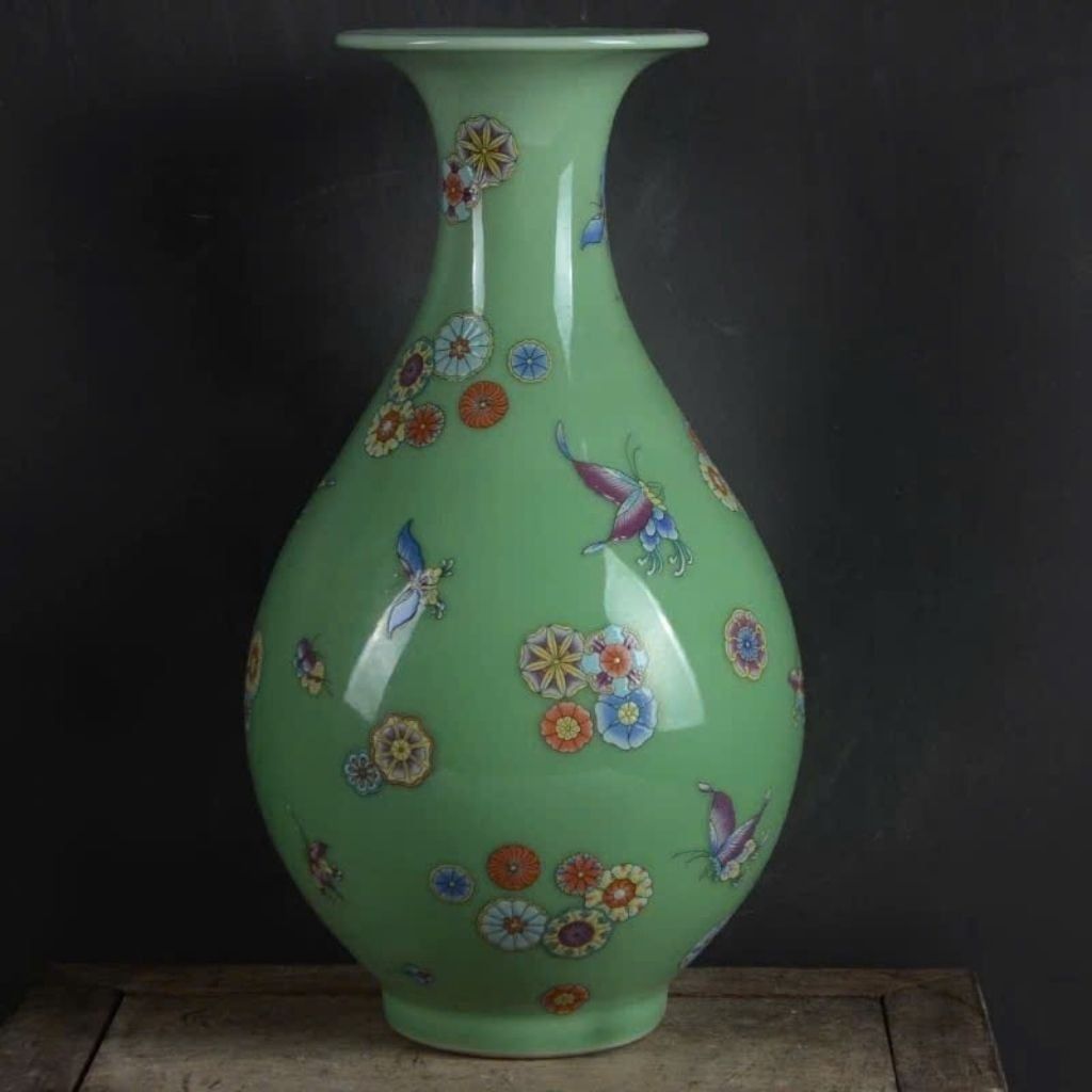  Bình Gốm Men Xanh Ngọc Dáng Tỳ Bà họa tiết Hoa Bướm BKCECN-10255 