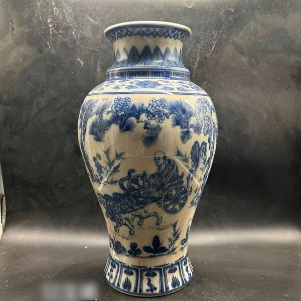  Bình Gốm Sứ Men Lam Cổ Chạm Vẽ Tích Lão Tử Xuất Quan BKCECN-10299 