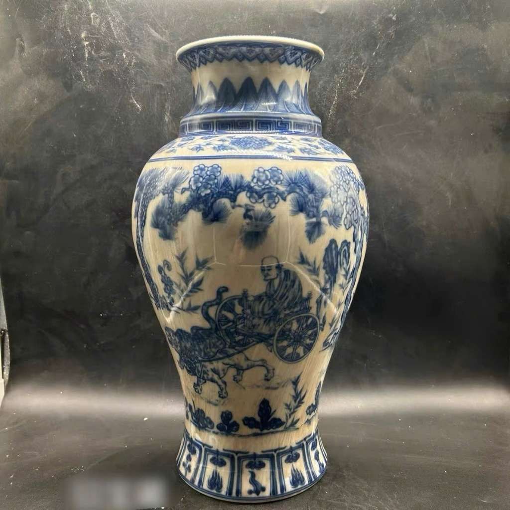  Bình Gốm Sứ Men Lam Cổ Chạm Vẽ Tích Lão Tử Xuất Quan BKCECN-10299 