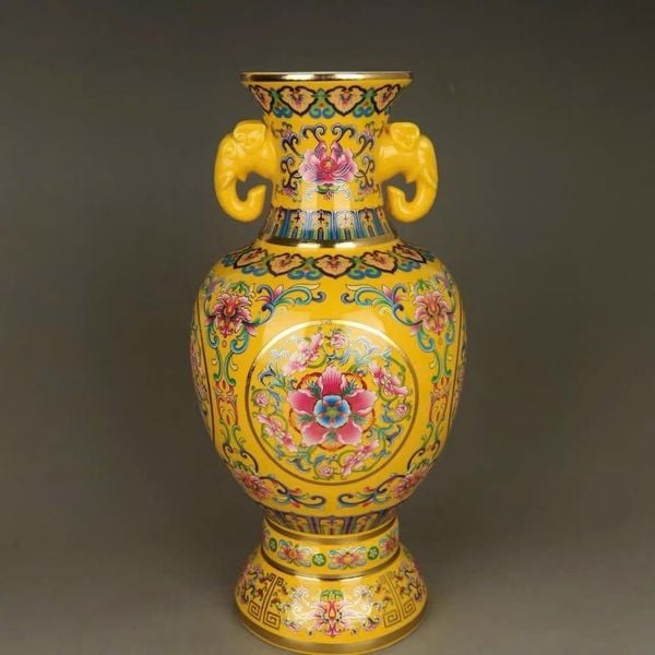  Bình Song Nhĩ Gốm Sứ Vẽ Gấm Hoa Vàng  BKCECN-10325 