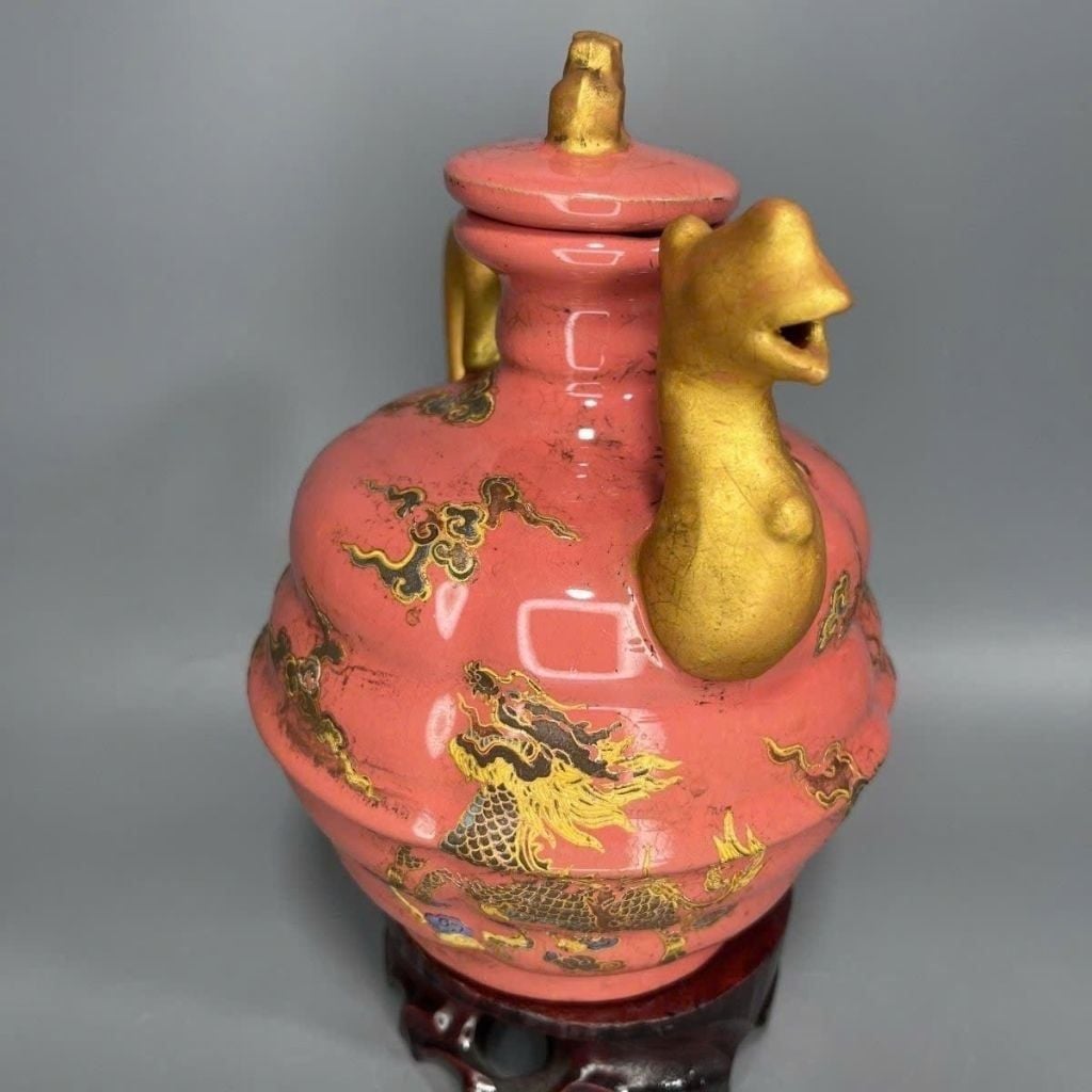  Bình Gốm Sưu Tầm Men Hồng Vẽ Rồng Vàng BKCECN-10358 