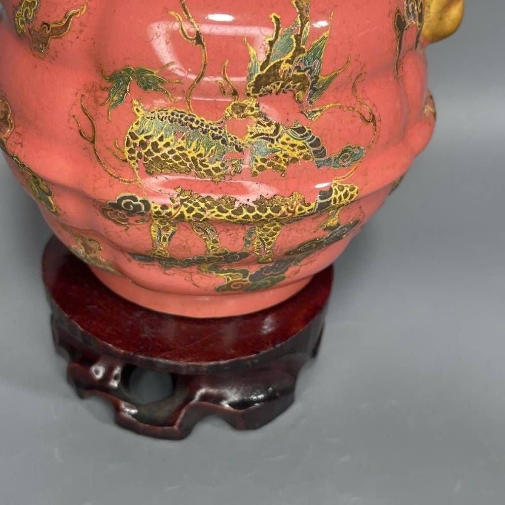  Bình Gốm Sưu Tầm Men Hồng Vẽ Rồng Vàng BKCECN-10358 
