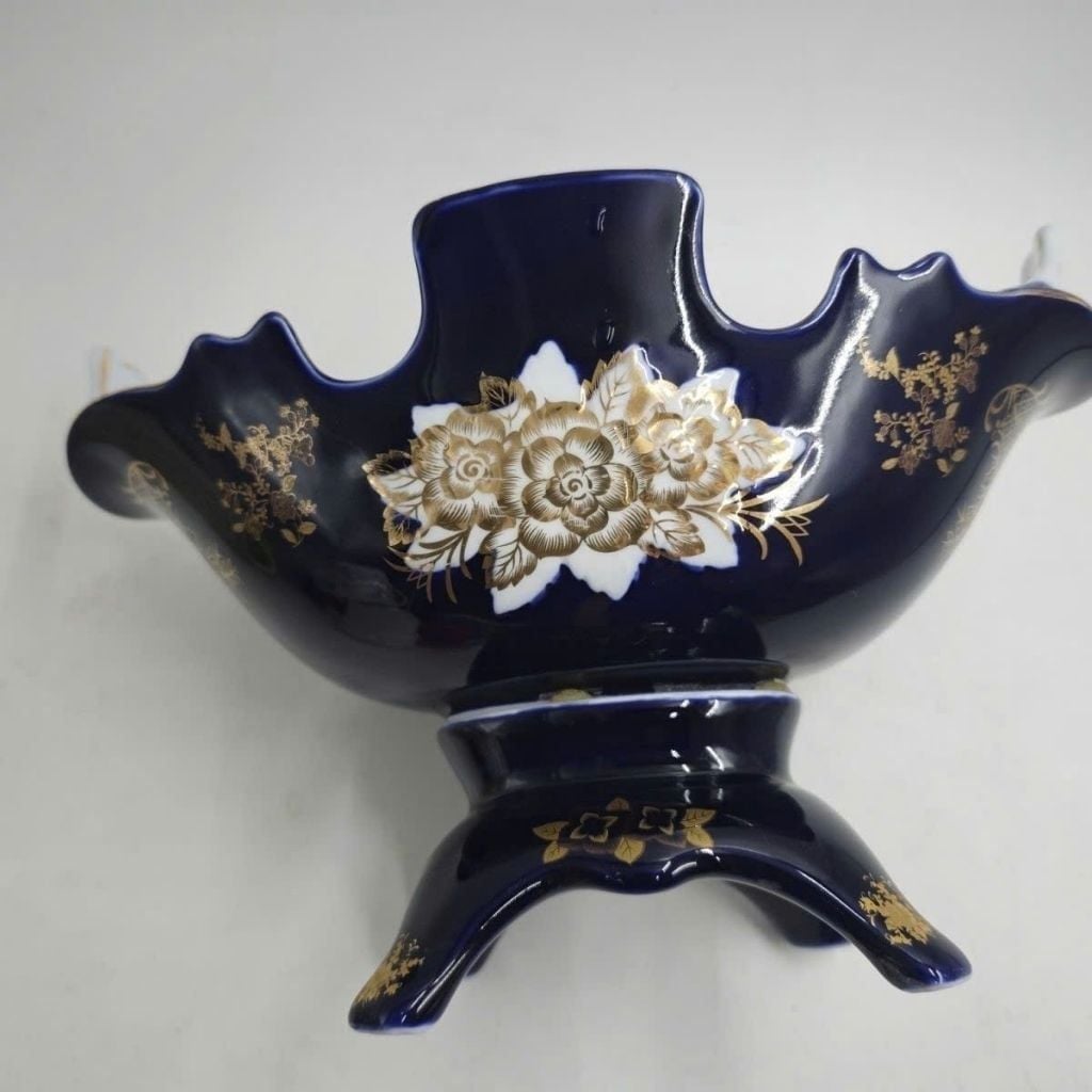  Khay Đựng Hoa Quả Gốm Sứ Men Xanh Đậm Dát Vàng BKCECN-10397 