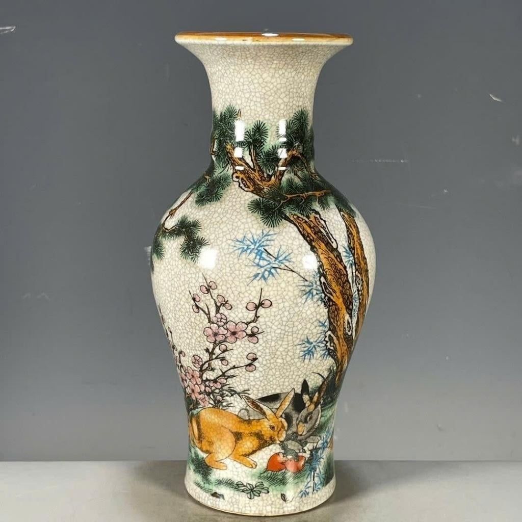  Cặp Bình Gốm Sứ Men Rạn Vẽ Tay “Nhị Thỏ Thưởng Hồng” BKCECN-10476 