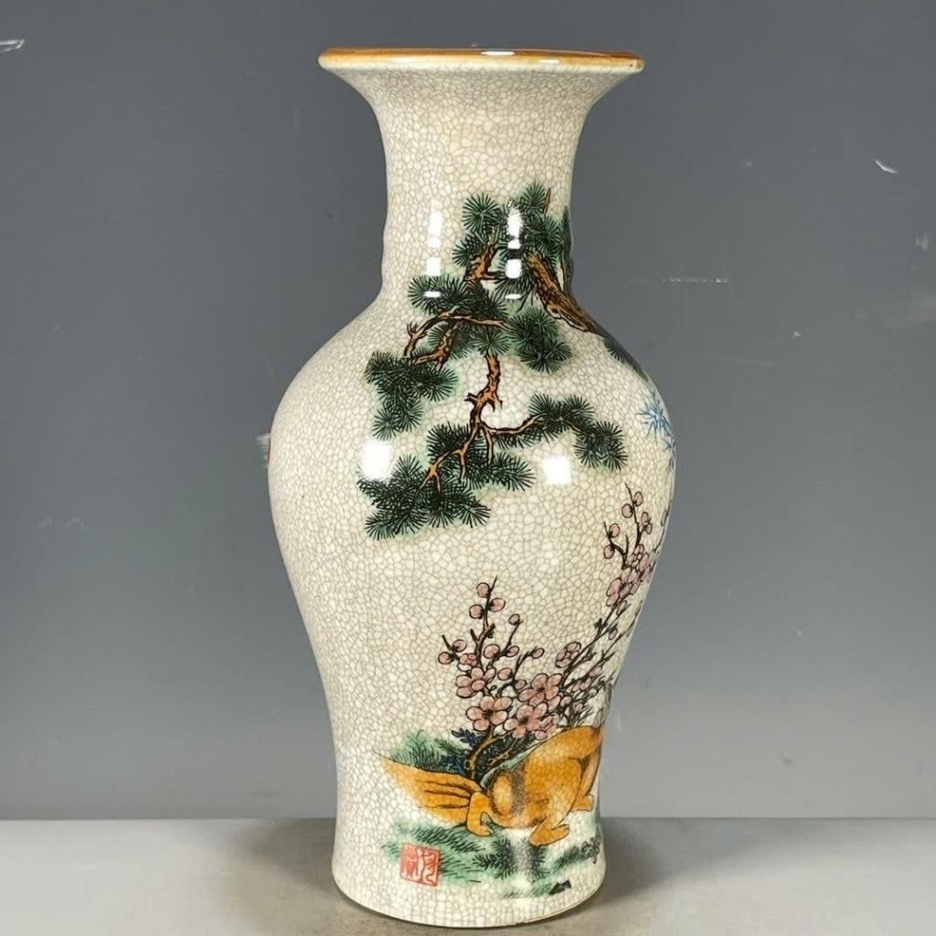  Cặp Bình Gốm Sứ Men Rạn Vẽ Tay “Nhị Thỏ Thưởng Hồng” BKCECN-10476 