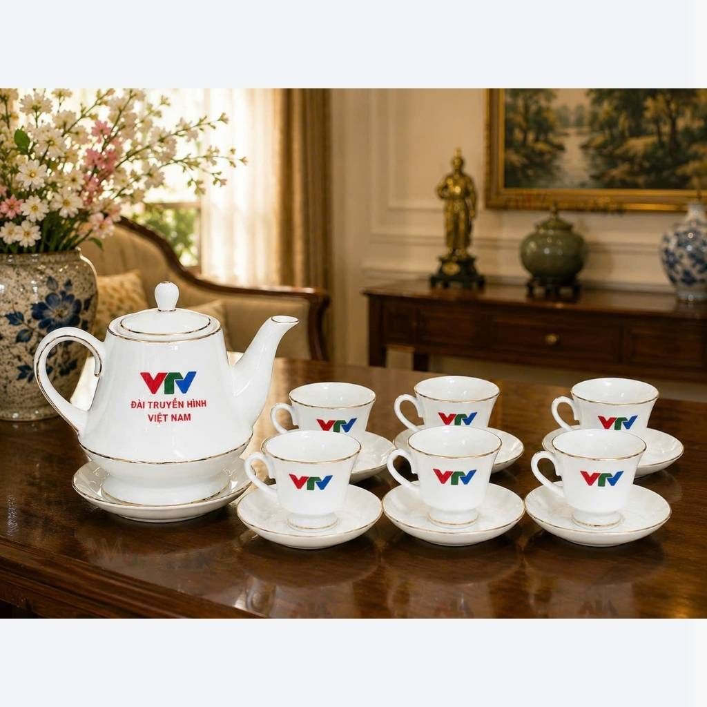  Bộ Ấm Chén Dáng Cao Vẽ Chỉ Vàng In Logo VTV Cao Cấp BKCECN-10545 
