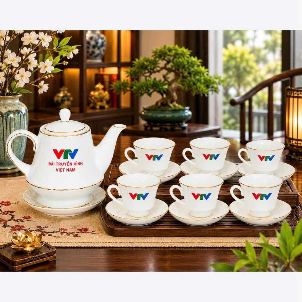  Bộ Ấm Chén Dáng Cao Vẽ Chỉ Vàng In Logo VTV Cao Cấp BKCECN-10545 