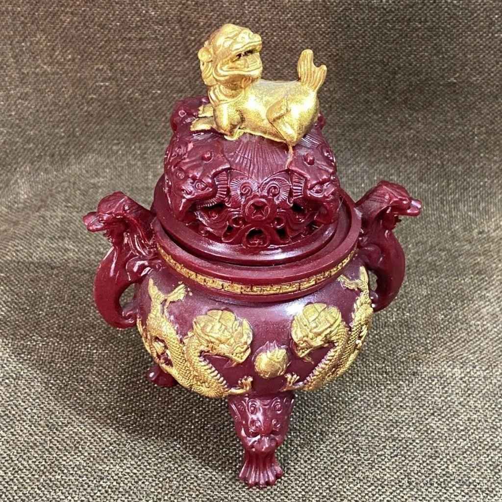  Lư Xông Trầm Chu Sa Đỏ Dát Vàng Họa Tiết Lưỡng Long Chầu Nguyệ tBKCECN-10549 