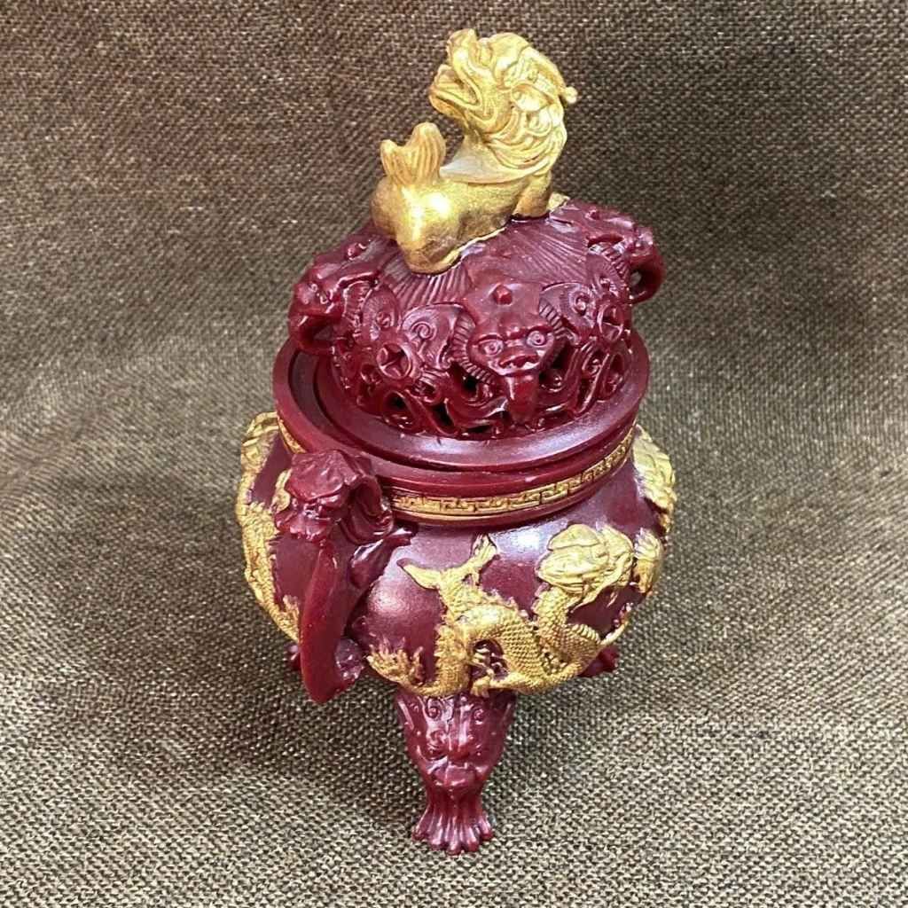  Lư Xông Trầm Chu Sa Đỏ Dát Vàng Họa Tiết Lưỡng Long Chầu Nguyệ tBKCECN-10549 