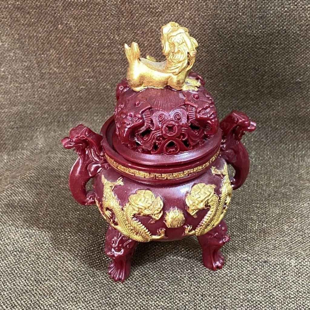 Lư Xông Trầm Chu Sa Đỏ Dát Vàng Họa Tiết Lưỡng Long Chầu Nguyệ tBKCECN-10549 