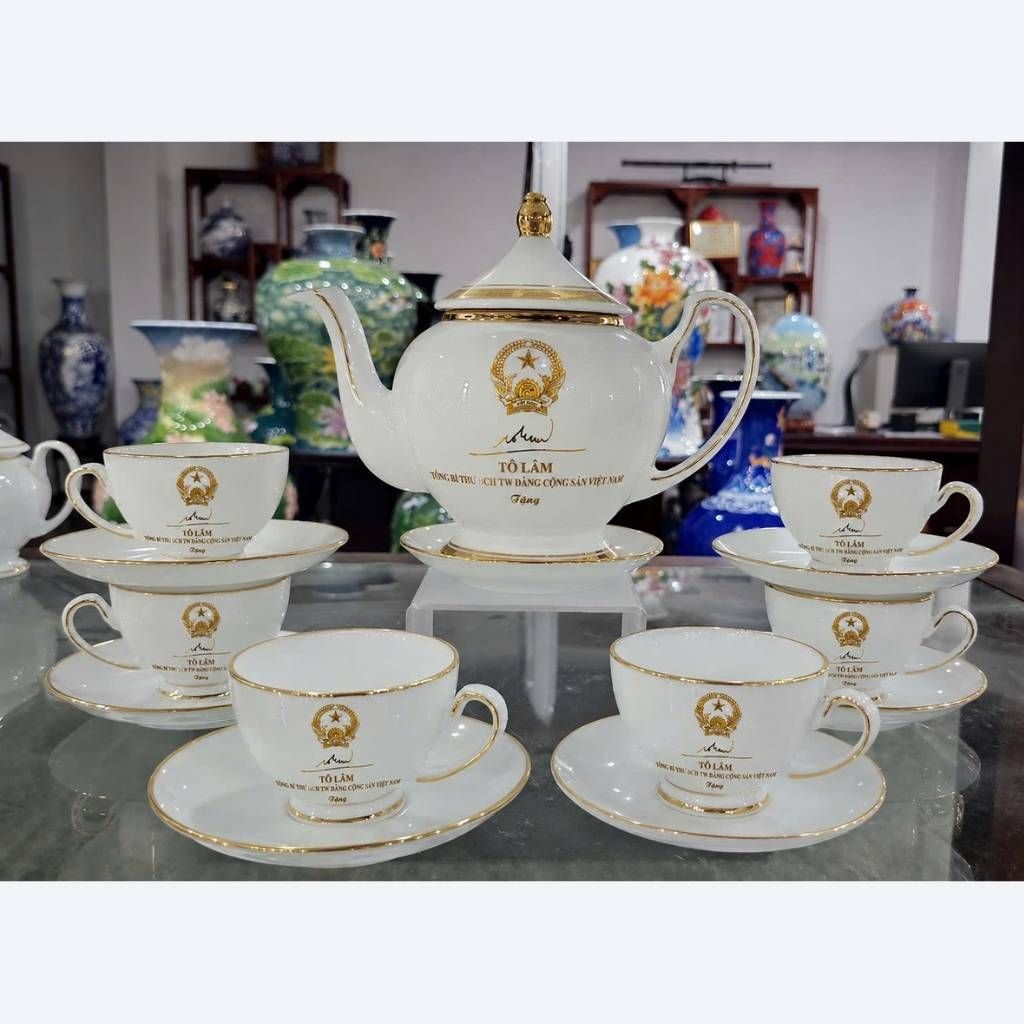  Bộ Ấm Chén Tổng Bí Thư Tô Lâm Dáng Cát Tường In Logo Vẽ Vàng BKCECN-10555 