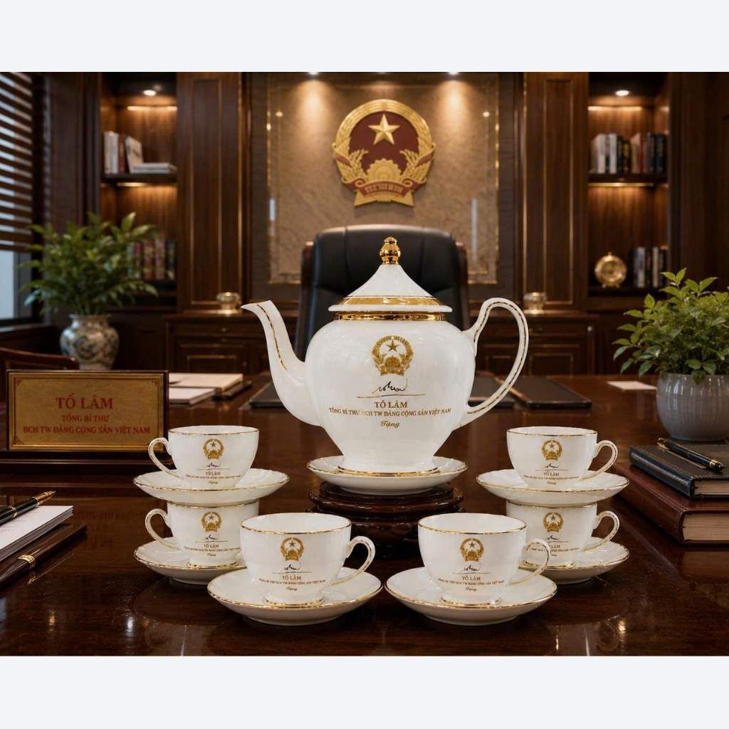  Bộ Ấm Chén Tổng Bí Thư Tô Lâm Dáng Cát Tường In Logo Vẽ Vàng BKCECN-10555 
