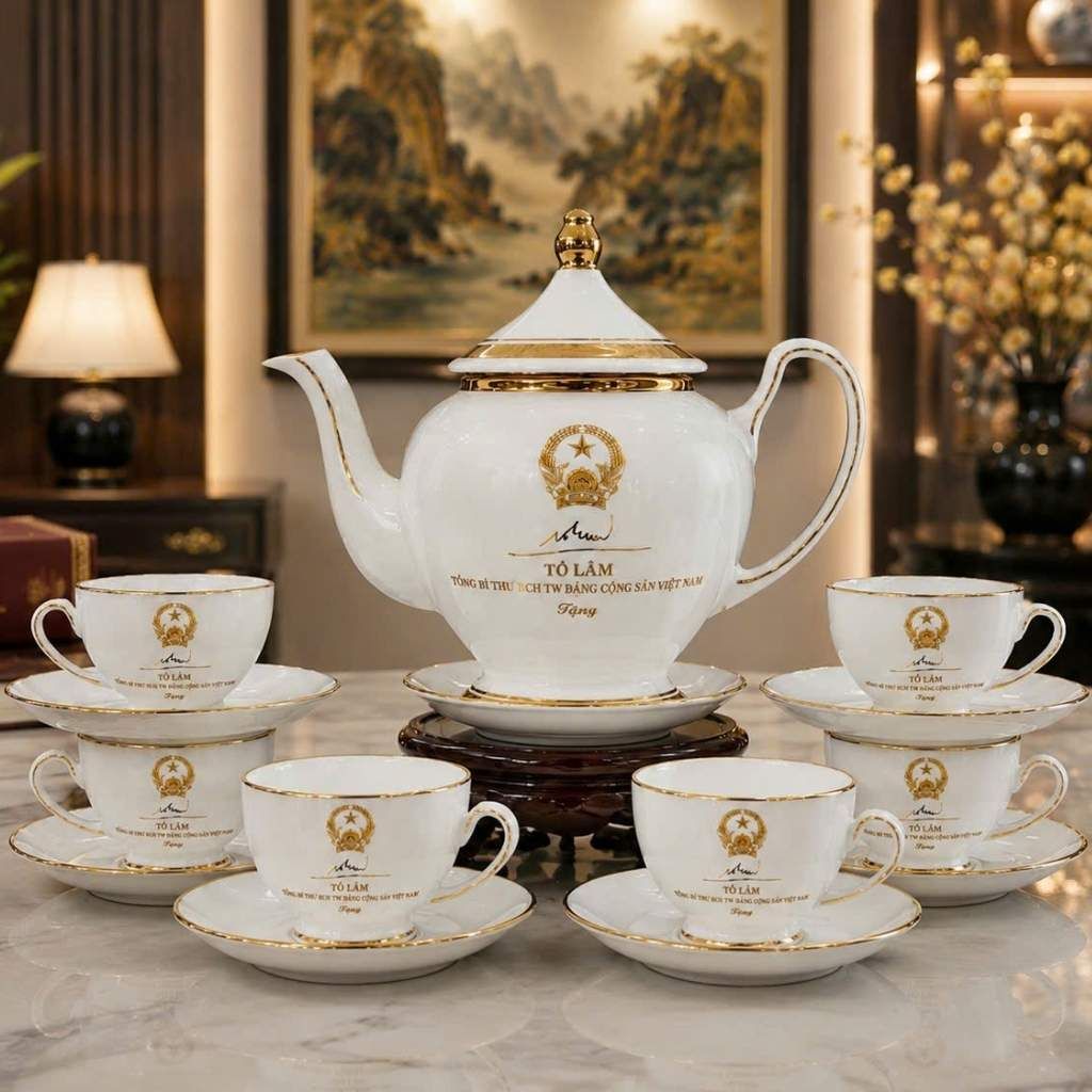  Bộ Ấm Chén Tổng Bí Thư Tô Lâm Dáng Cát Tường In Logo Vẽ Vàng BKCECN-10555 