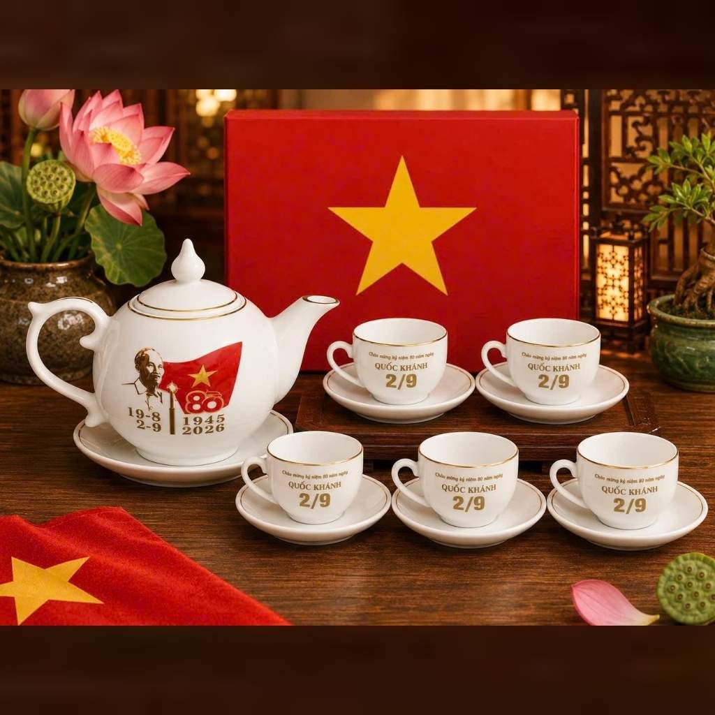  Bộ Ấm Chén Gốm Sứ Chào Mừng Quốc Khánh 2/9 BKCECN-10560 