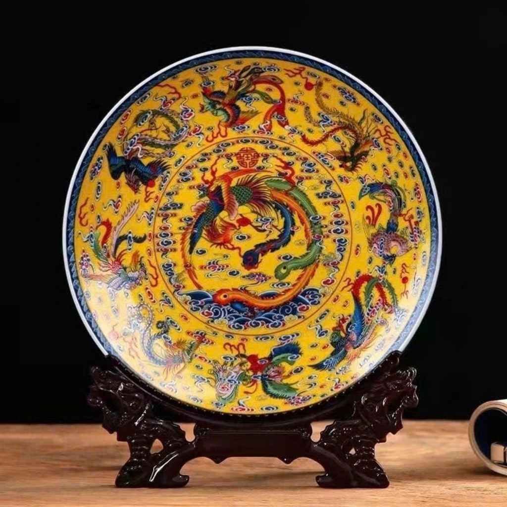  Đĩa Gốm Sứ Trưng Bày Họa Tiết Long Phụng Hoàng Gia Nền Vàng BKCECN-10569 