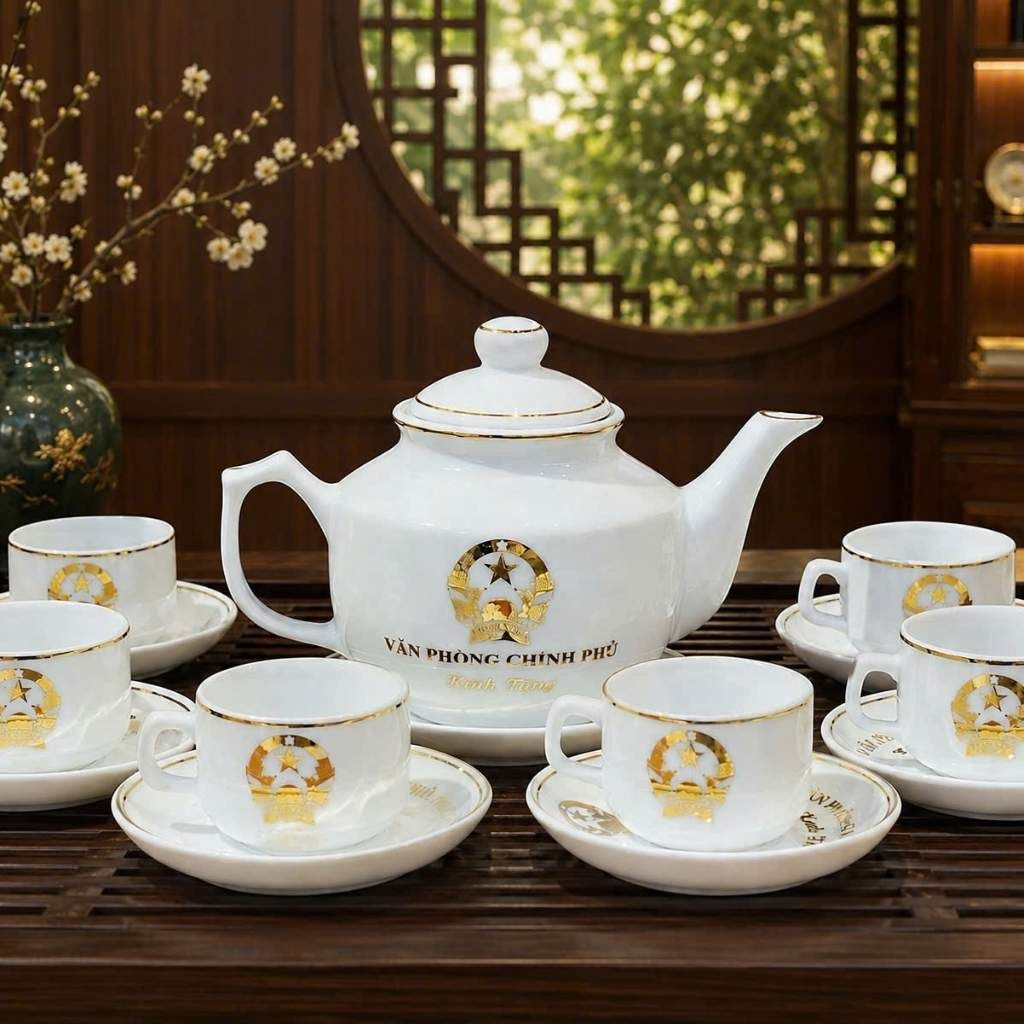  Bộ Ấm Chén Sứ Bát Tràng In Logo Văn Phòng Chính Phủ BKCECN-10572 