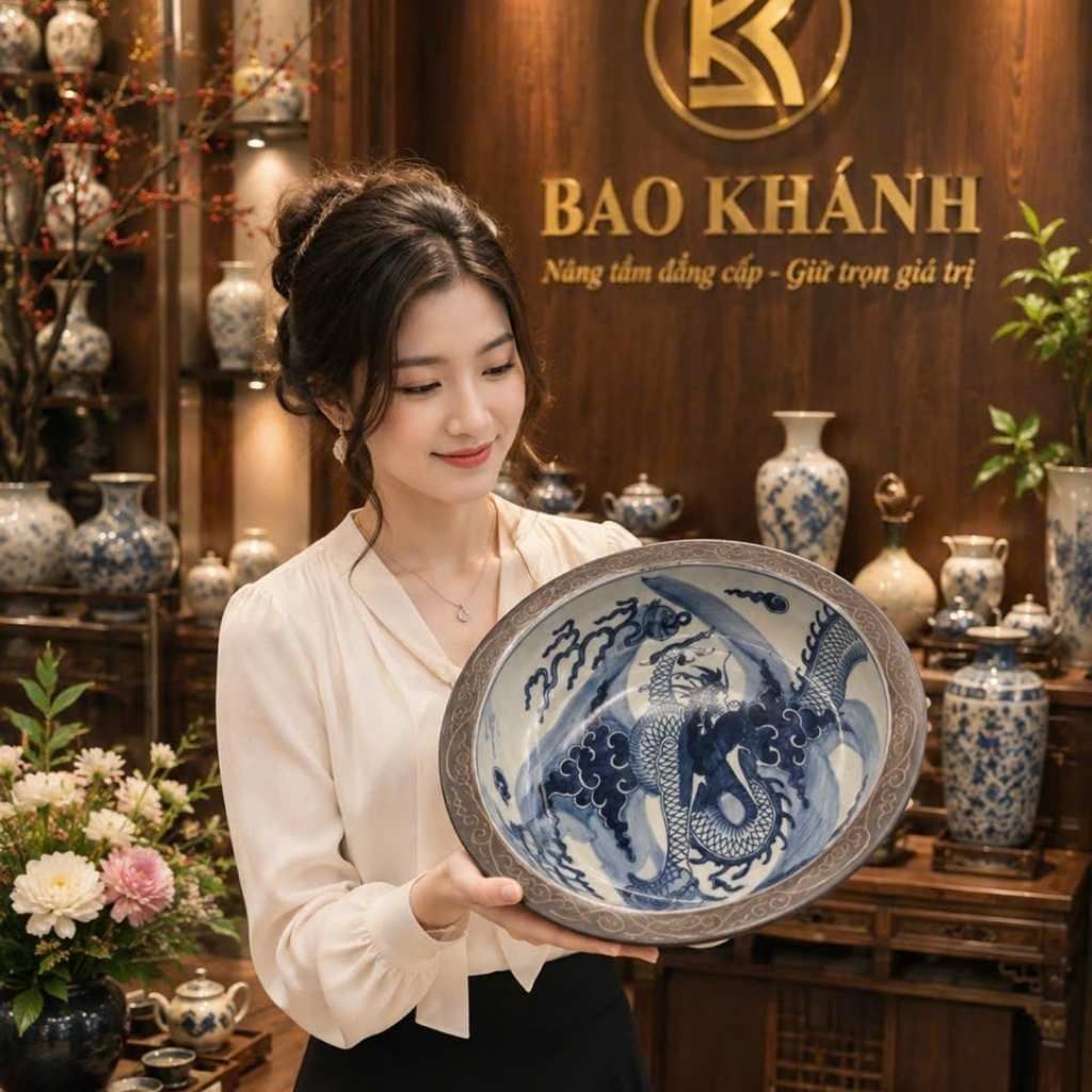 Chậu Gốm Bát Tràng Vẽ Lam Họa Tiết Rồng Bọc Đồng BKCECN-10574 