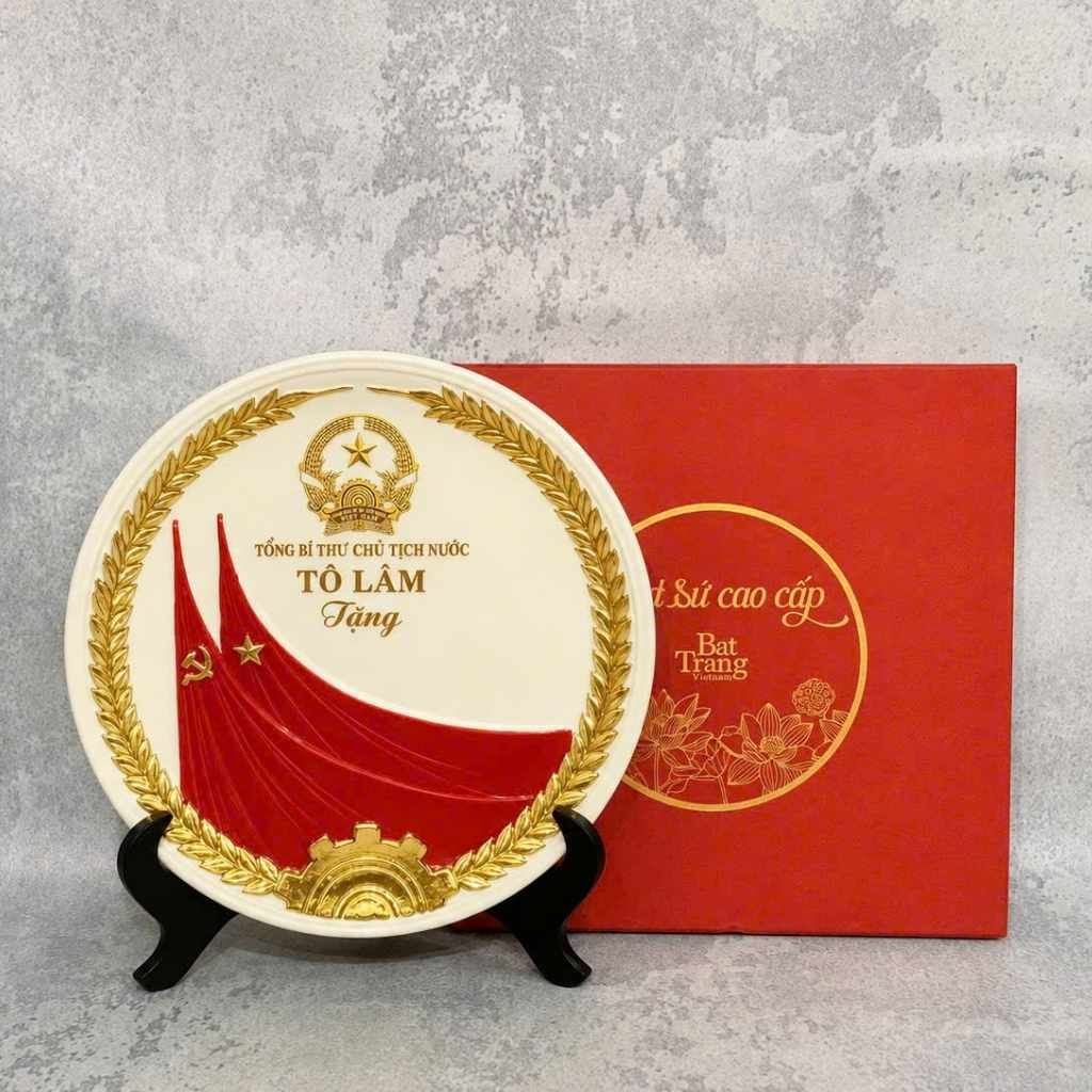  Đĩa Sứ Lưu Niệm in Tổng Bí Thư Chủ ịch nước Tô Lâm Dát Vàng 24K Bát Tràng BKCECN-10579 