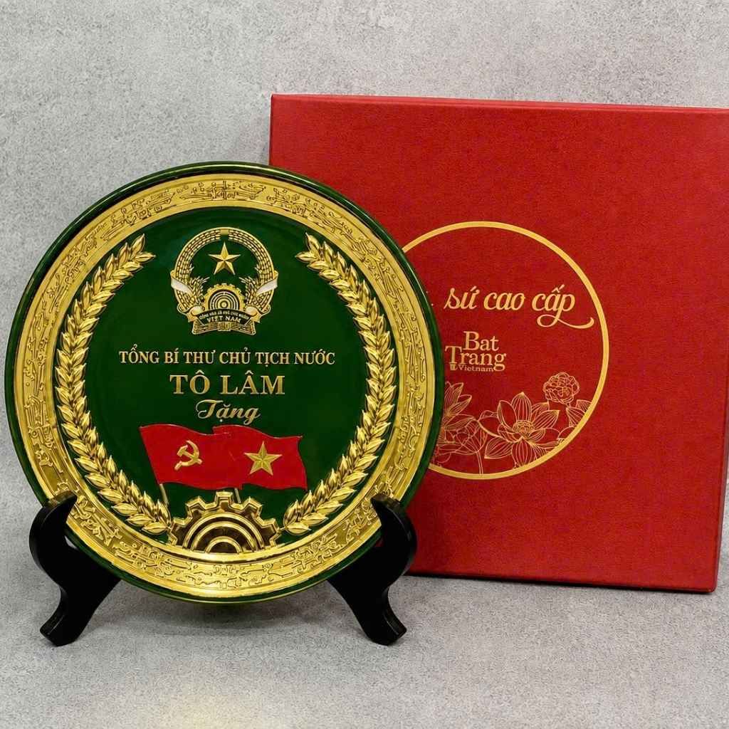  Đĩa Sứ Lưu Niệm in Tổng Bí Thư Chủ ịch nước Tô Lâm Dát Vàng 24K Bát Tràng BKCECN-10579 