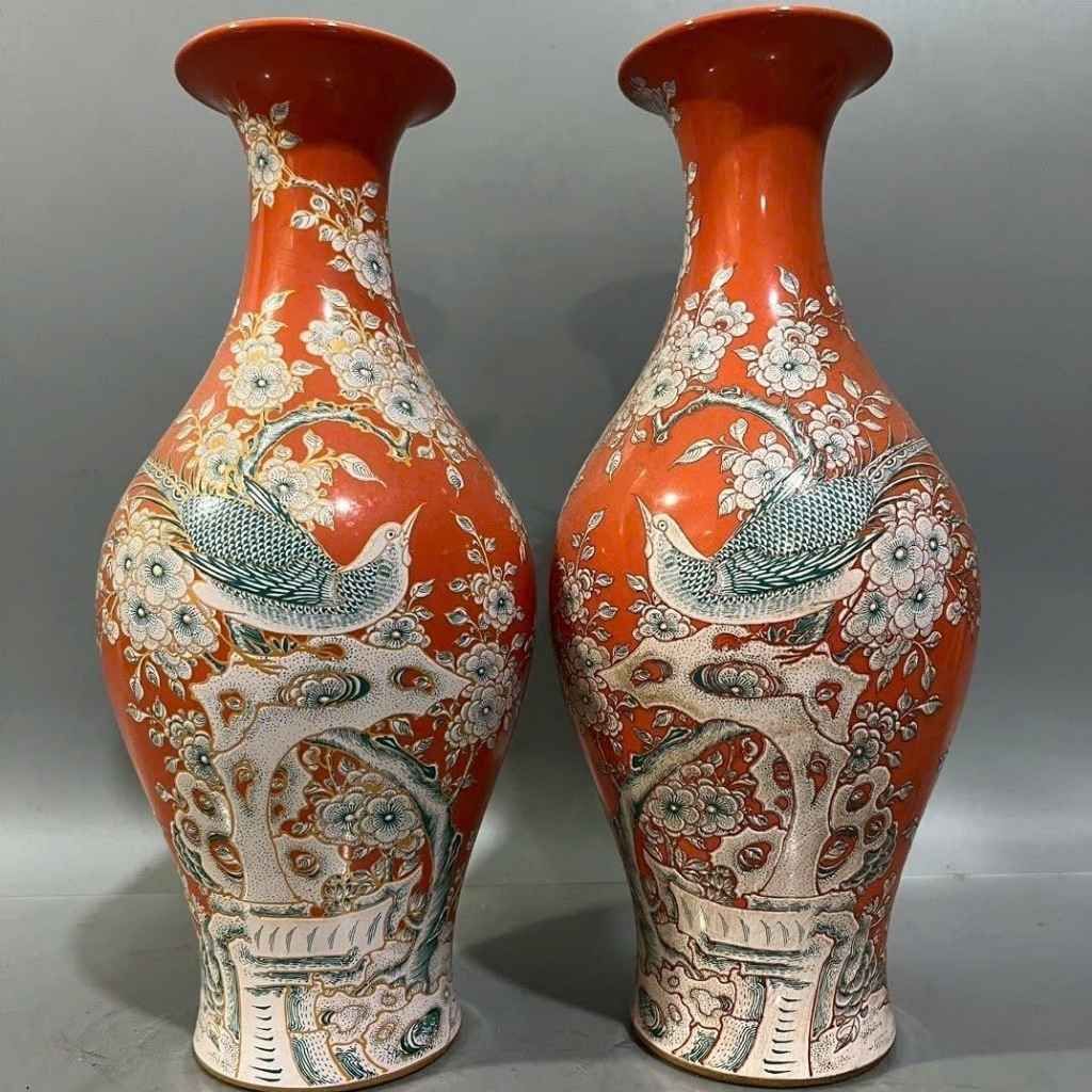  Cặp Lục Bình Gốm Sứ Sơn Son Vẽ Chim Trĩ Hoa Mai Sang Trọng BKCECN-10624 