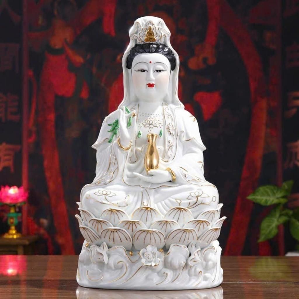  Tượng Phật Quan Thế Âm Bồ Tát Tọa Đài Sen Gốm Sứ BKCECN-10643 