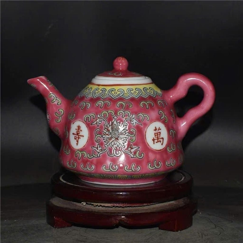  Ấm Trà Gốm Sứ Khai Quang Hồng Men Màu Vạn Thọ Lộc Giả Cổ BKCECN-10644 