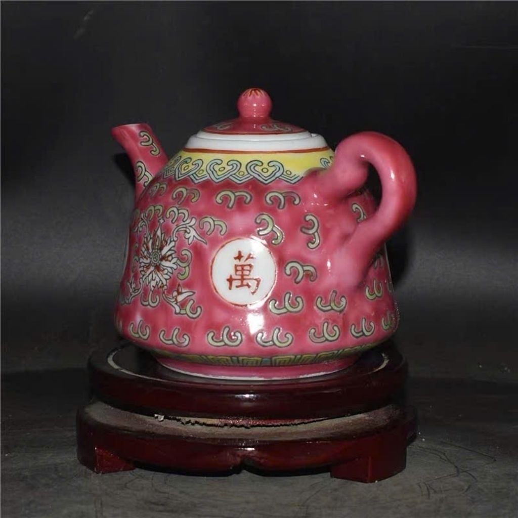  Ấm Trà Gốm Sứ Khai Quang Hồng Men Màu Vạn Thọ Lộc Giả Cổ BKCECN-10644 