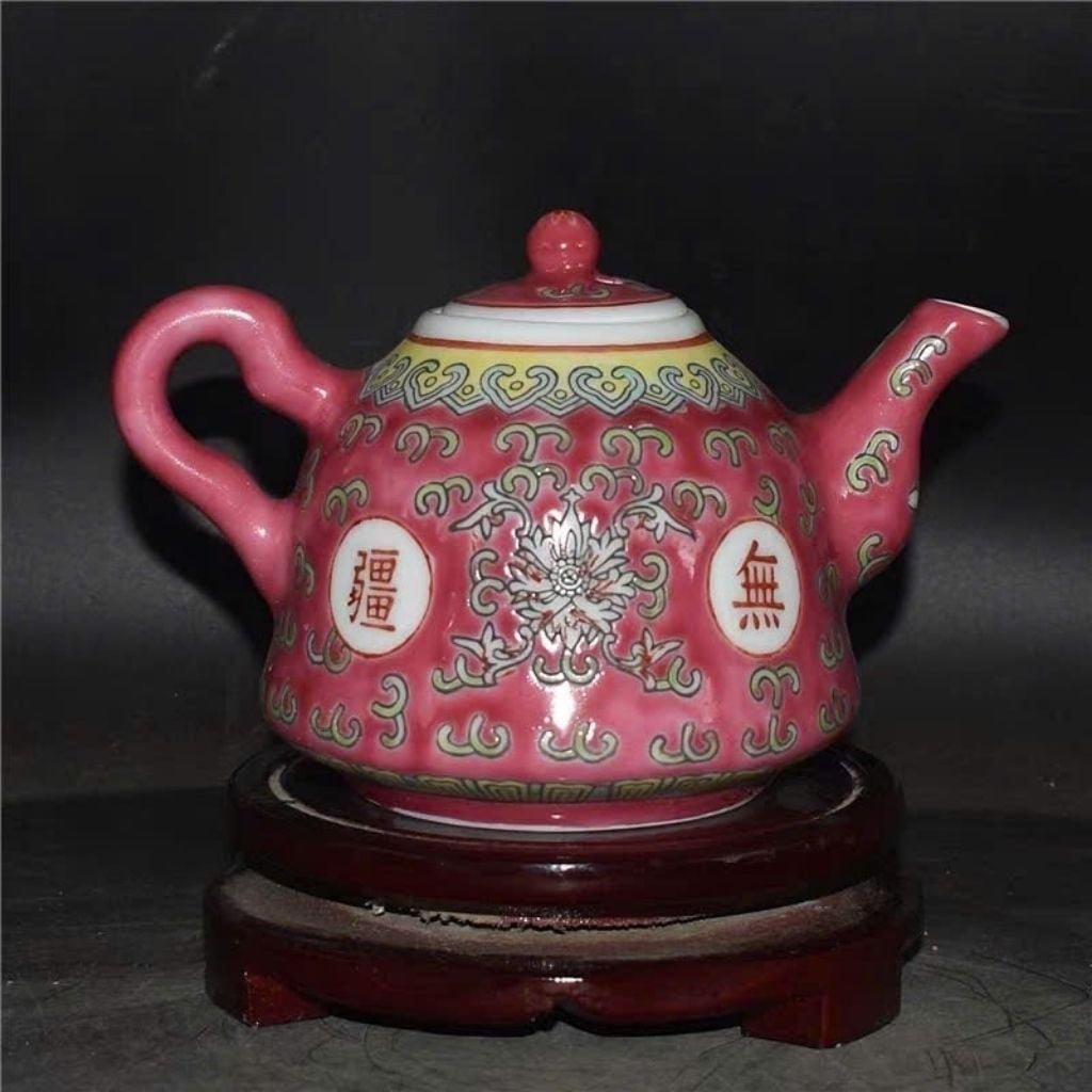 Ấm Trà Gốm Sứ Khai Quang Hồng Men Màu Vạn Thọ Lộc Giả Cổ BKCECN-10644 