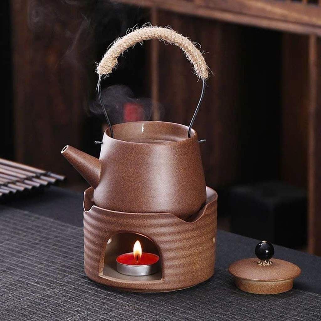  Bộ Ấm Trà Gốm Thô Cổ Điển Quai Xách Mây Kèm Bếp Nến BKCECN-10646 
