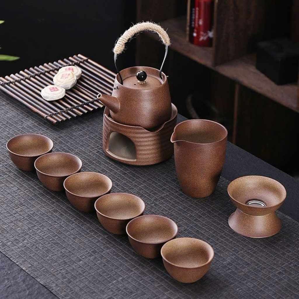  Bộ Ấm Trà Gốm Thô Cổ Điển Quai Xách Mây Kèm Bếp Nến BKCECN-10646 
