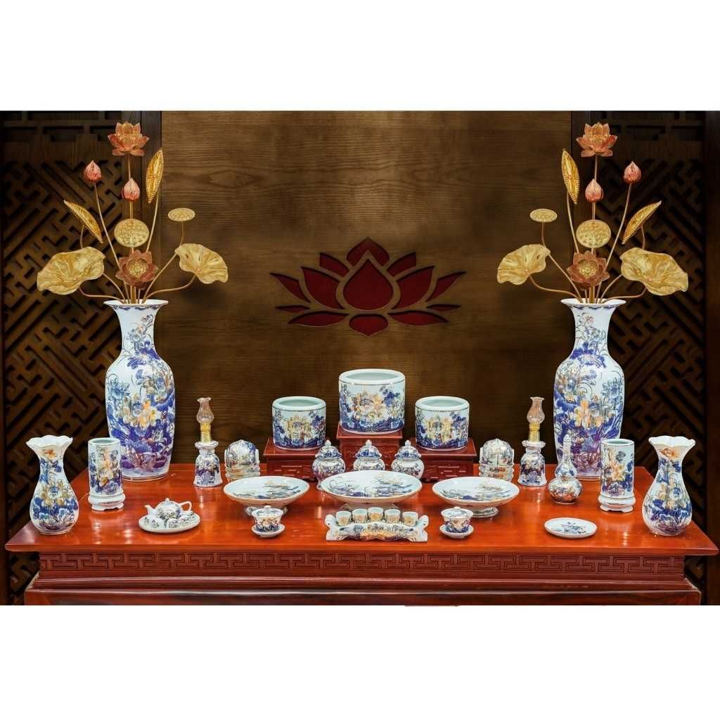  Bộ Đỉnh Thờ Bằng Gốm vẽ vàng bát hương sen BKCECN-9352 
